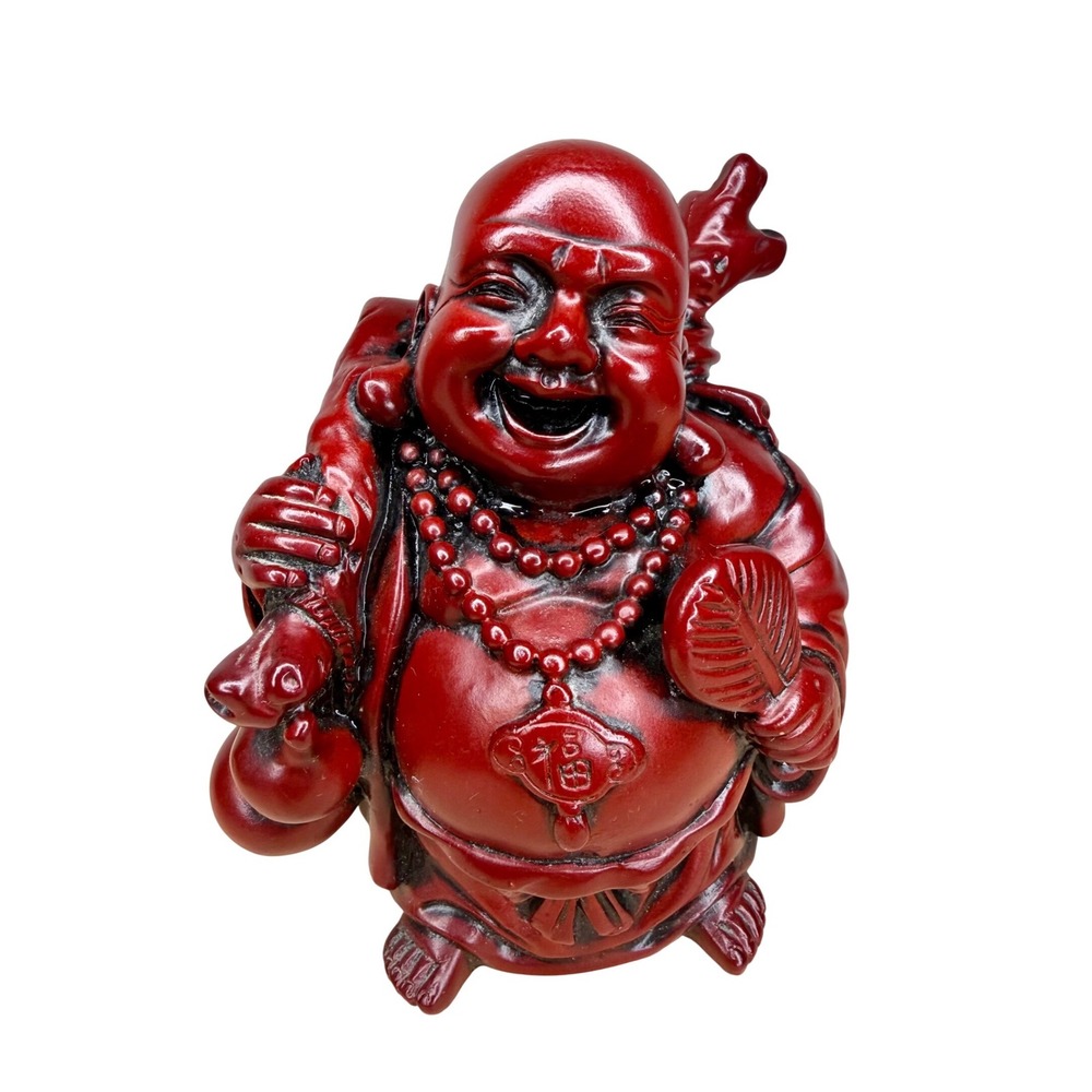 Vintage Red Cinnabar‎ Resin Laughing Buddha Hotei Statue Good Luck Figurine 5"